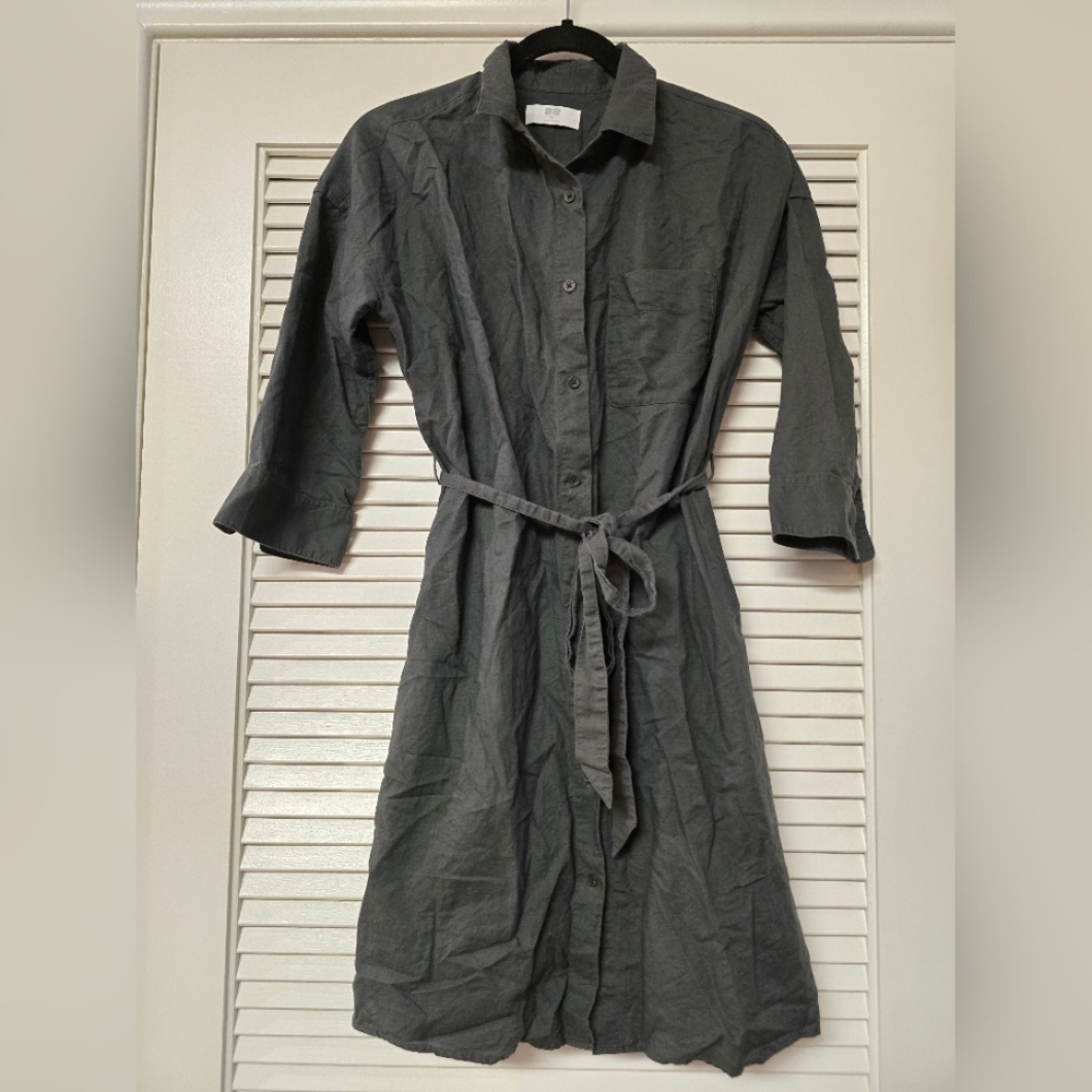 Uniqlo - Grey Cotton & Linen 3/4 Sleeve Button Dress With Waist Tie